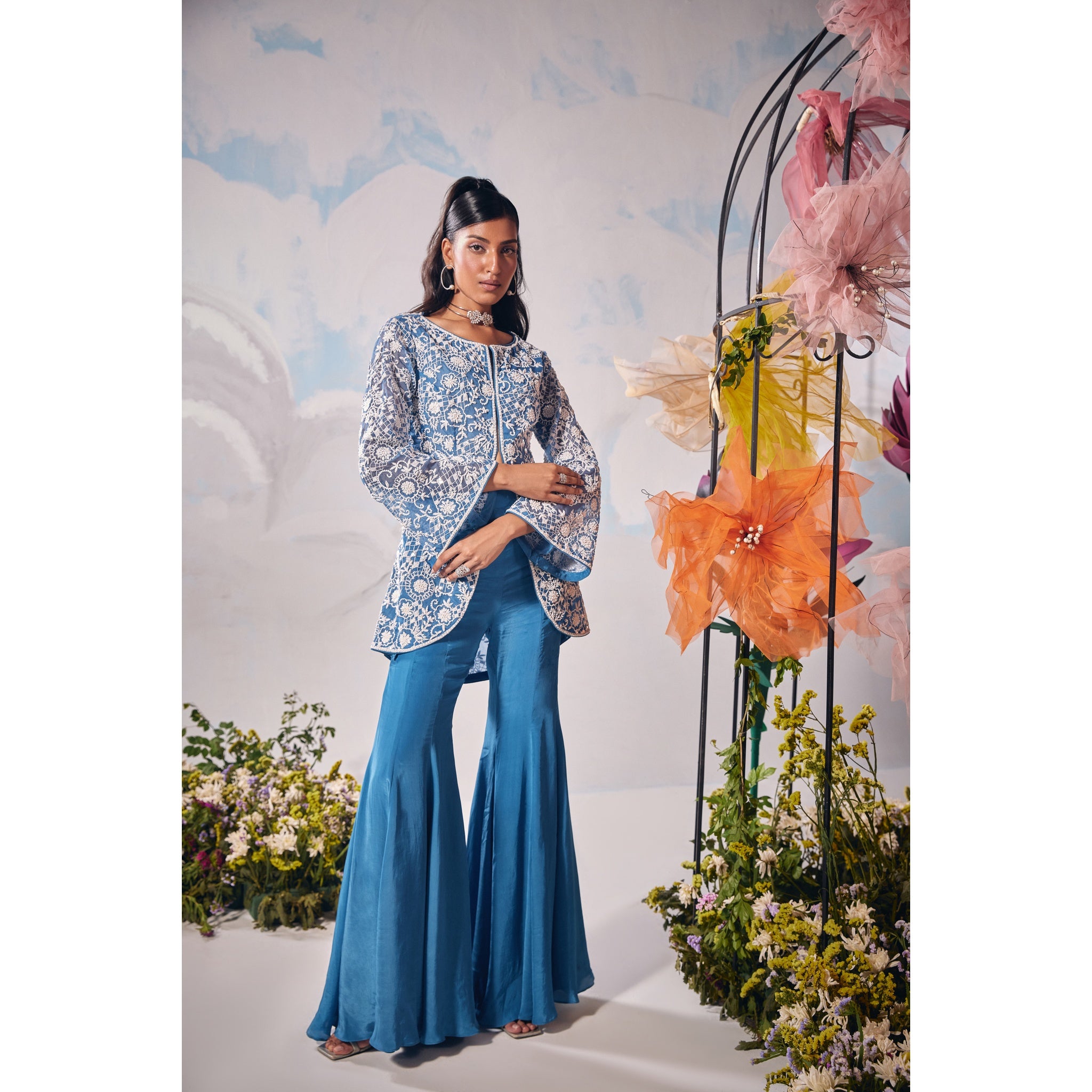Electric blue dori embroidery jacket with kalidaar sharara and inner