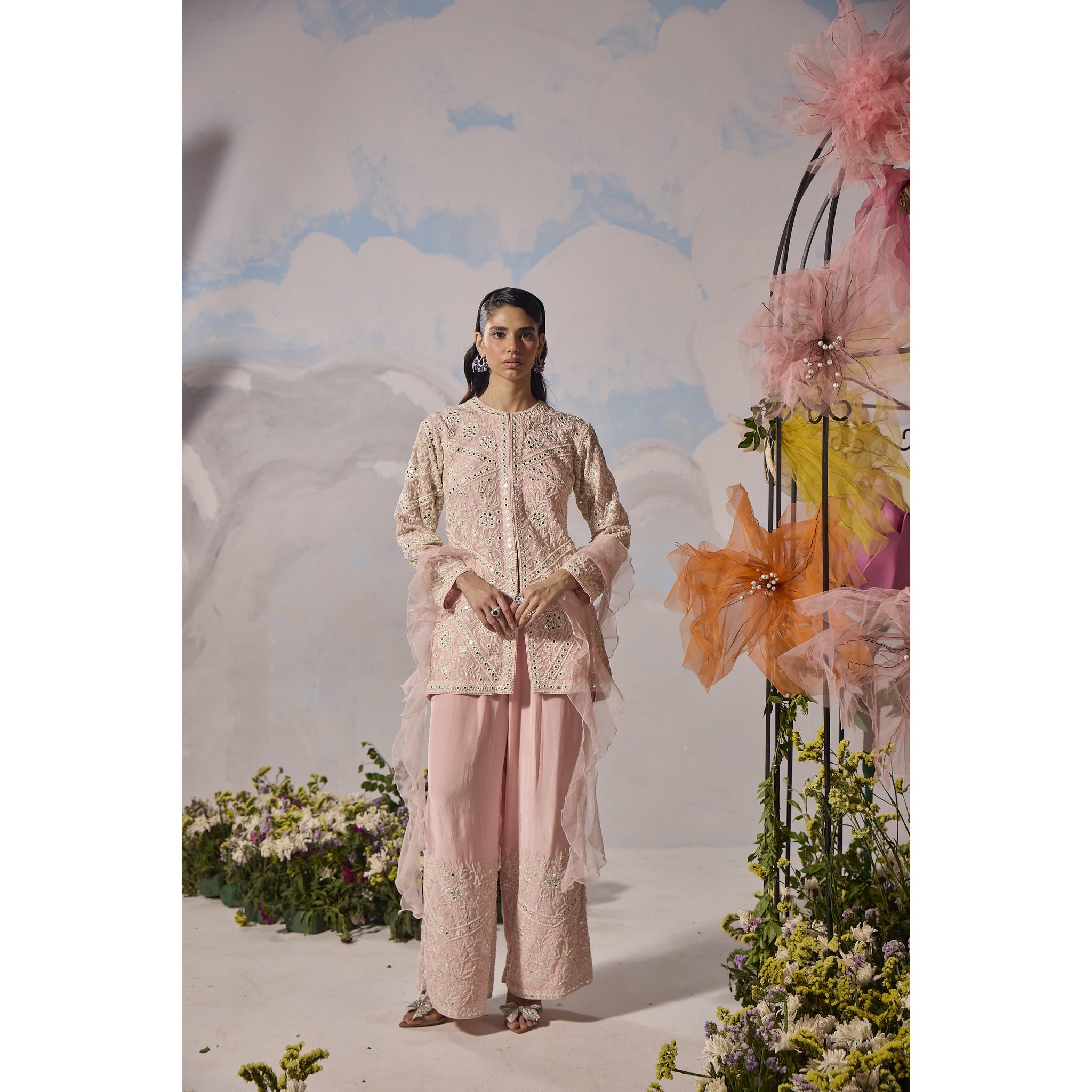 Rose pink dori embroidery jacket with pants and frill dupatta