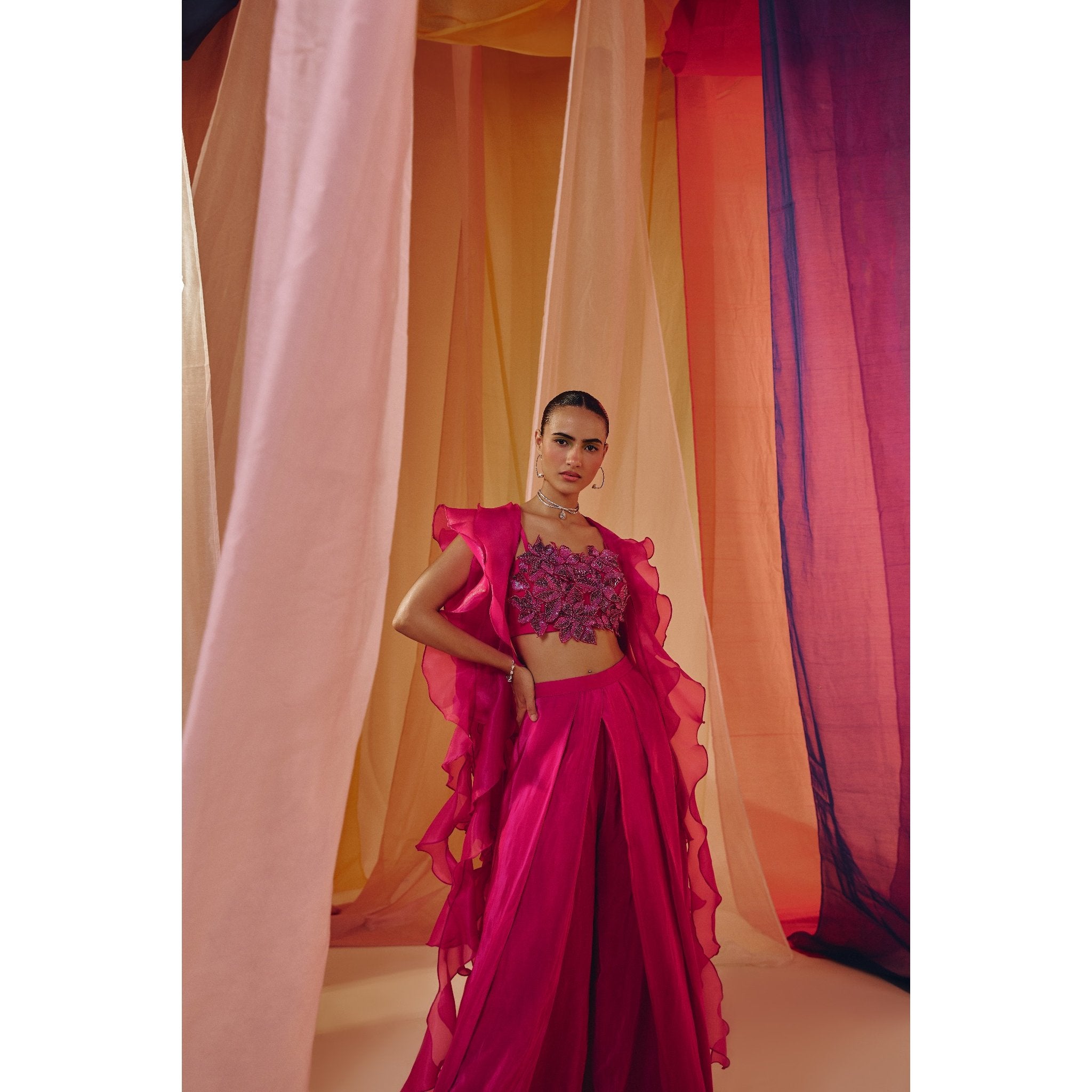 HOT PINK 3D EMBROIDERED BLOUSE WITH RUFFLE CAPE AND DRAPE PANTS