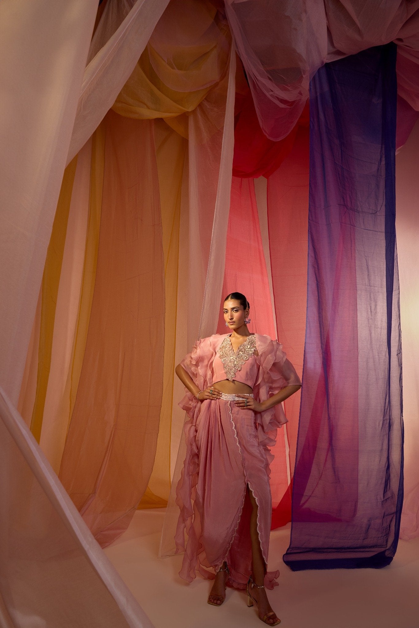 ROSE PINK RUFFLE CAPE WITH EMBROIDERED NECK DETAIL BLOUSE AND DRAPE SCALLOP SKIRT