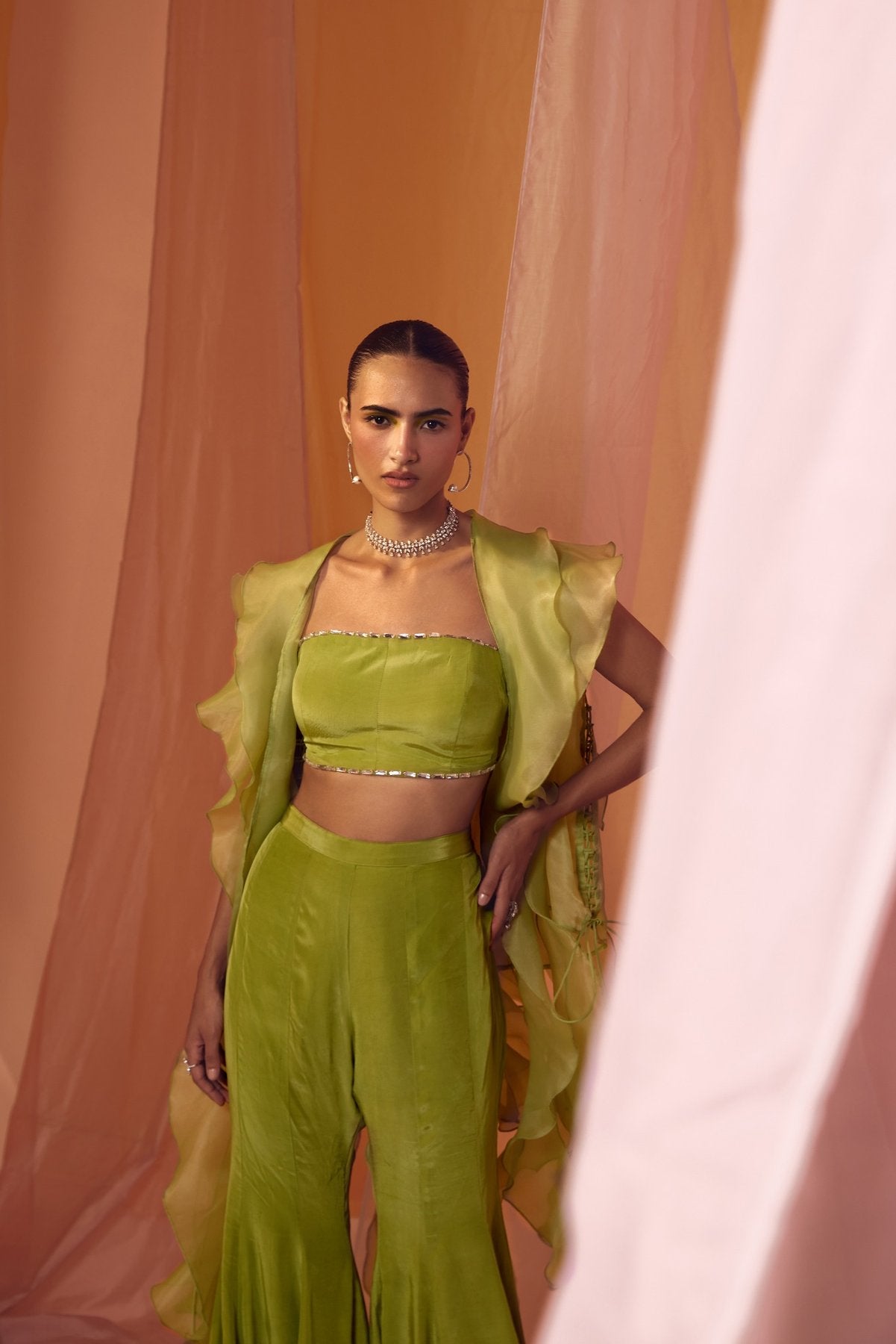 GREEN RUFFLE ORGANZA CAPE WITH CRYSTAL DETAILING BUSTIER AND KALIDAAR PANTS