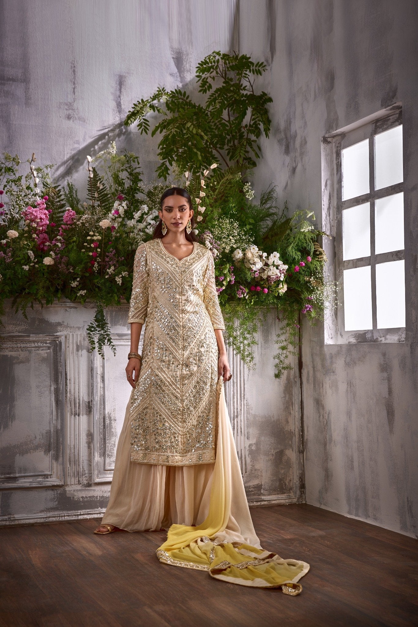 CREAM GOTA KURTA LONG WITH SHARARA AND YELLOW CREAM DUPATTA