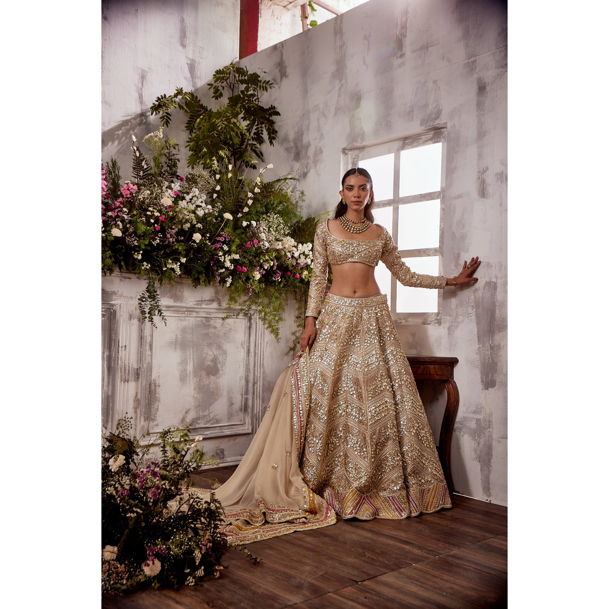 BEIGE GOTA LEHENGA WITH MANGO-PINK TRIMMING DETAILS