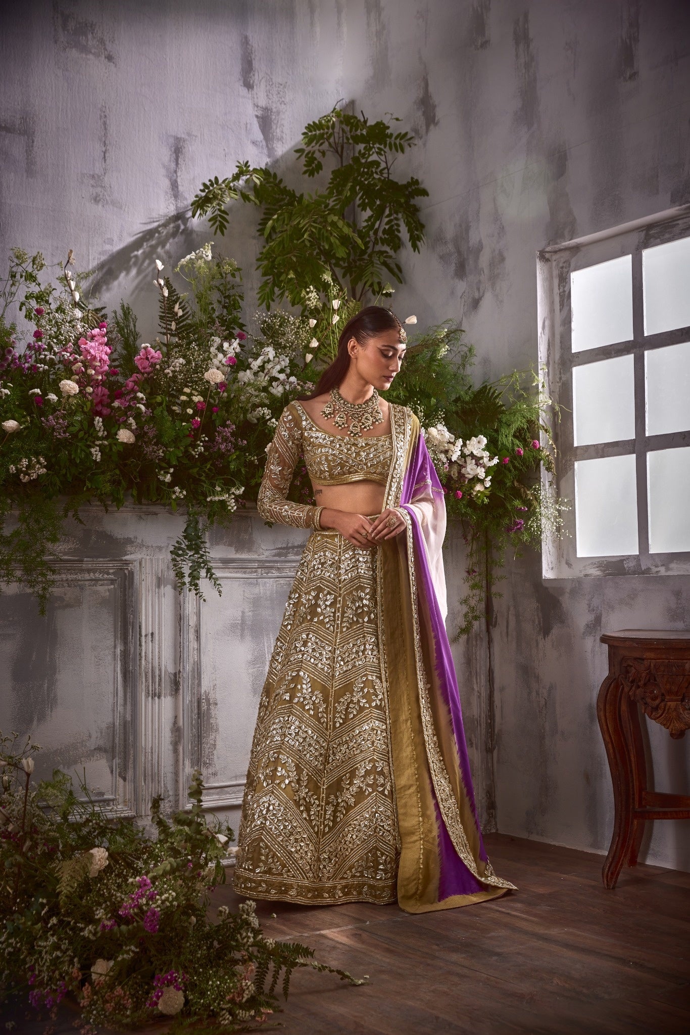 MEHENDI GREEN GOTA LEHENGA WITH THREE COLOUR DUPATTA