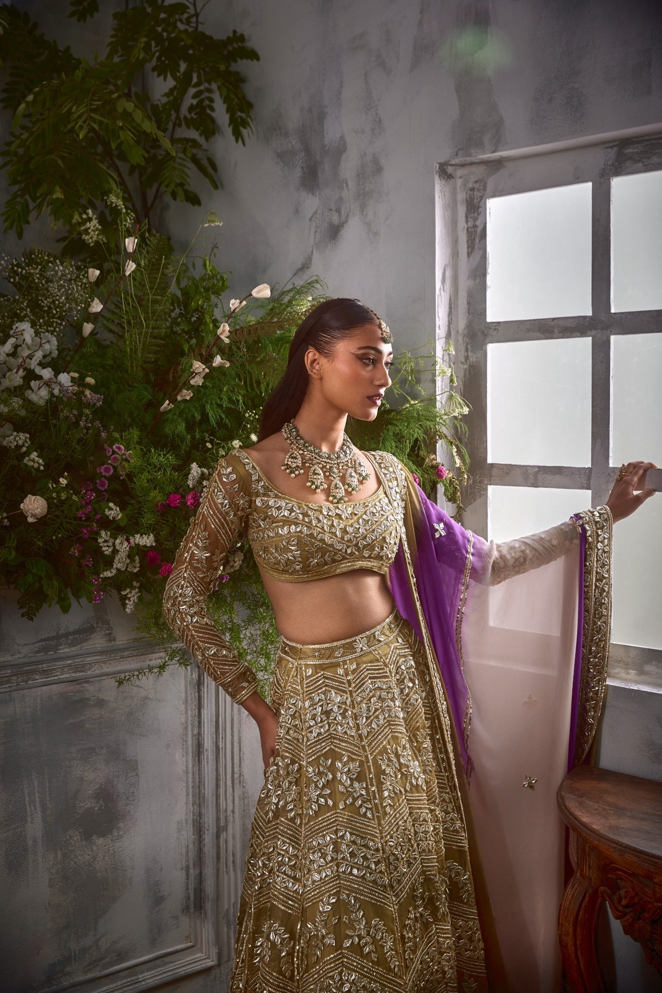 MEHENDI GREEN GOTA LEHENGA WITH THREE COLOUR DUPATTA