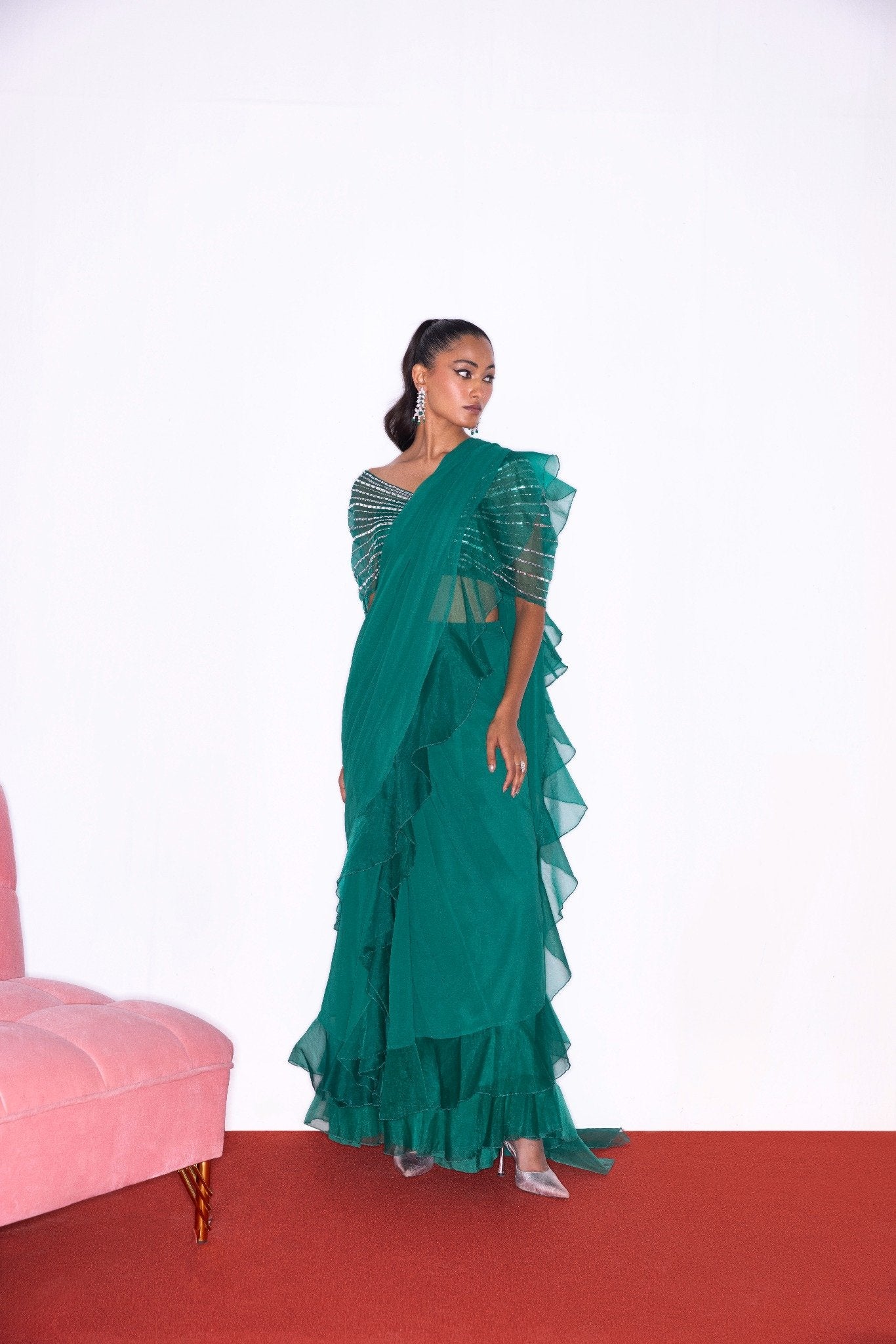 EMERALD GREEN FRILL SAREE