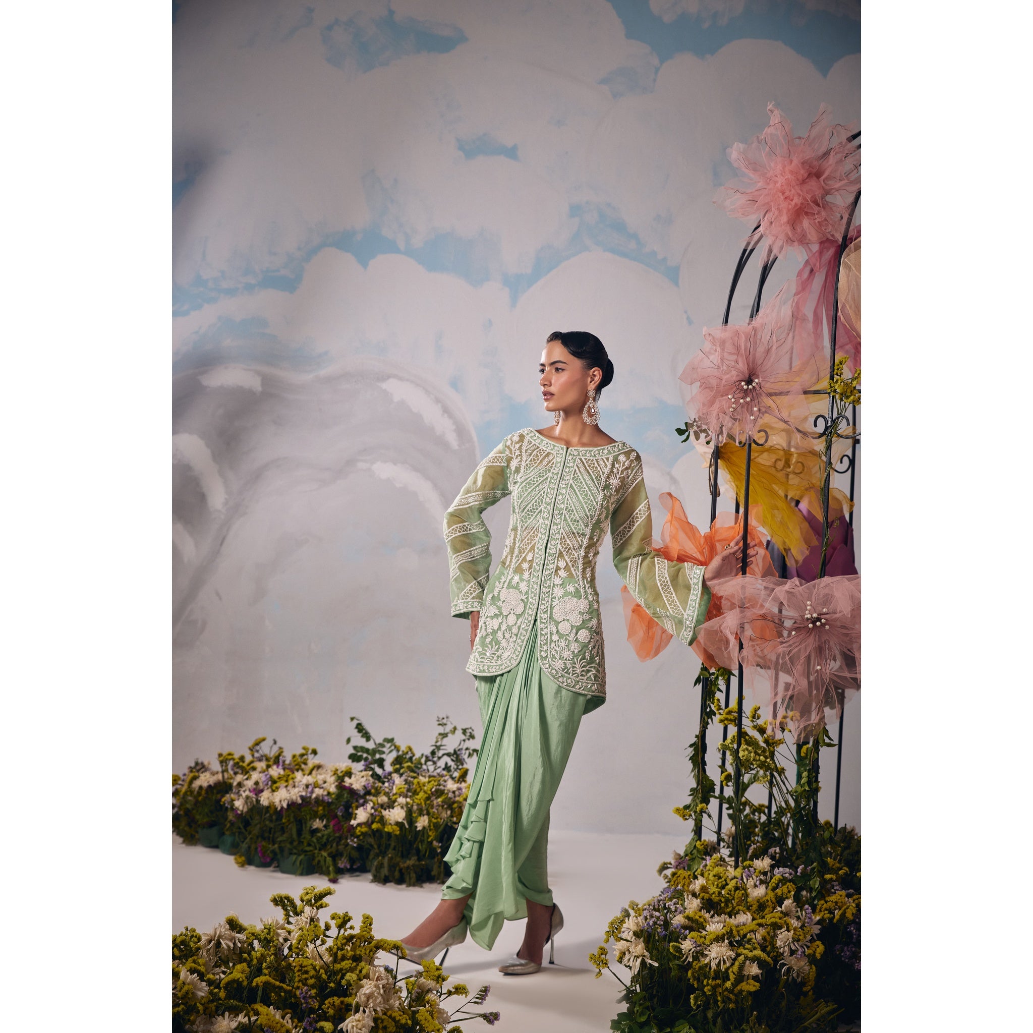 Sea green dori embroidery jacket with drape dhoti and bustier