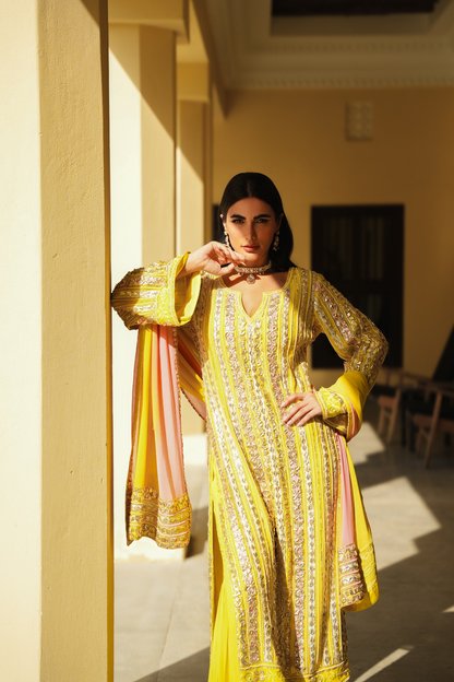 SUNSHINE YELLOW MULTI-COLOUR PARISAA LONG KURTA WITH SHARARA