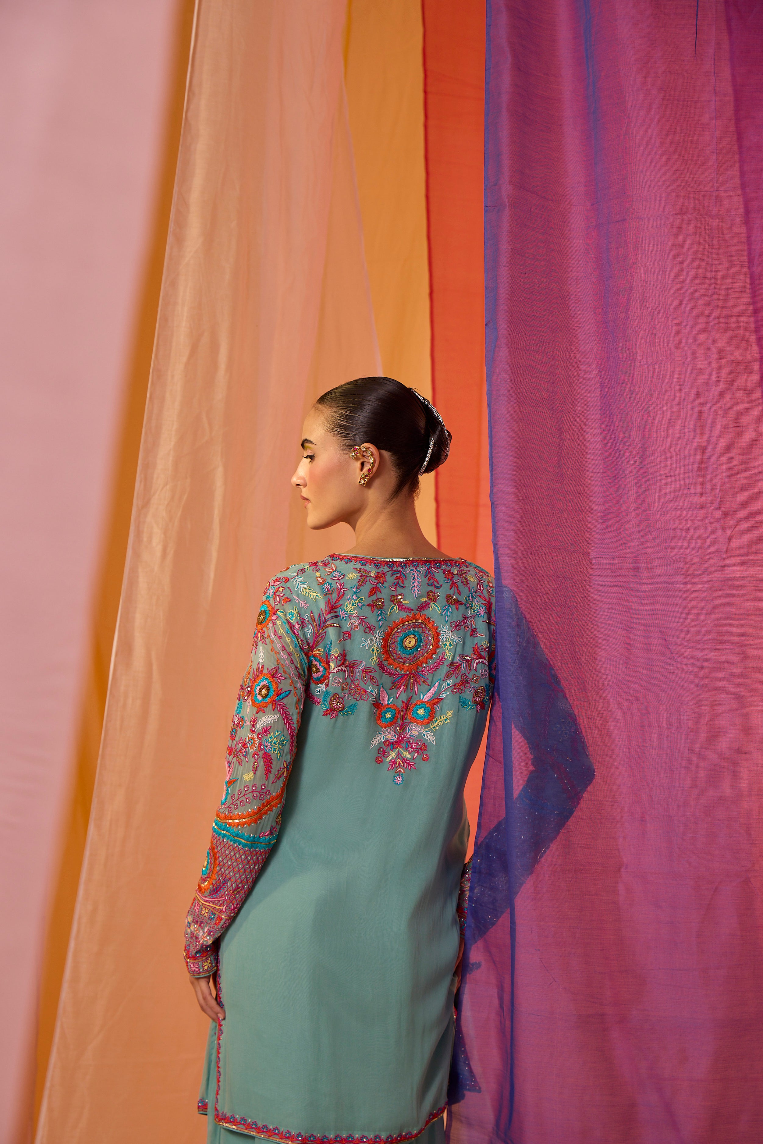 Multi Colour kurta with Drape Skirt & frill dupatta -  S394