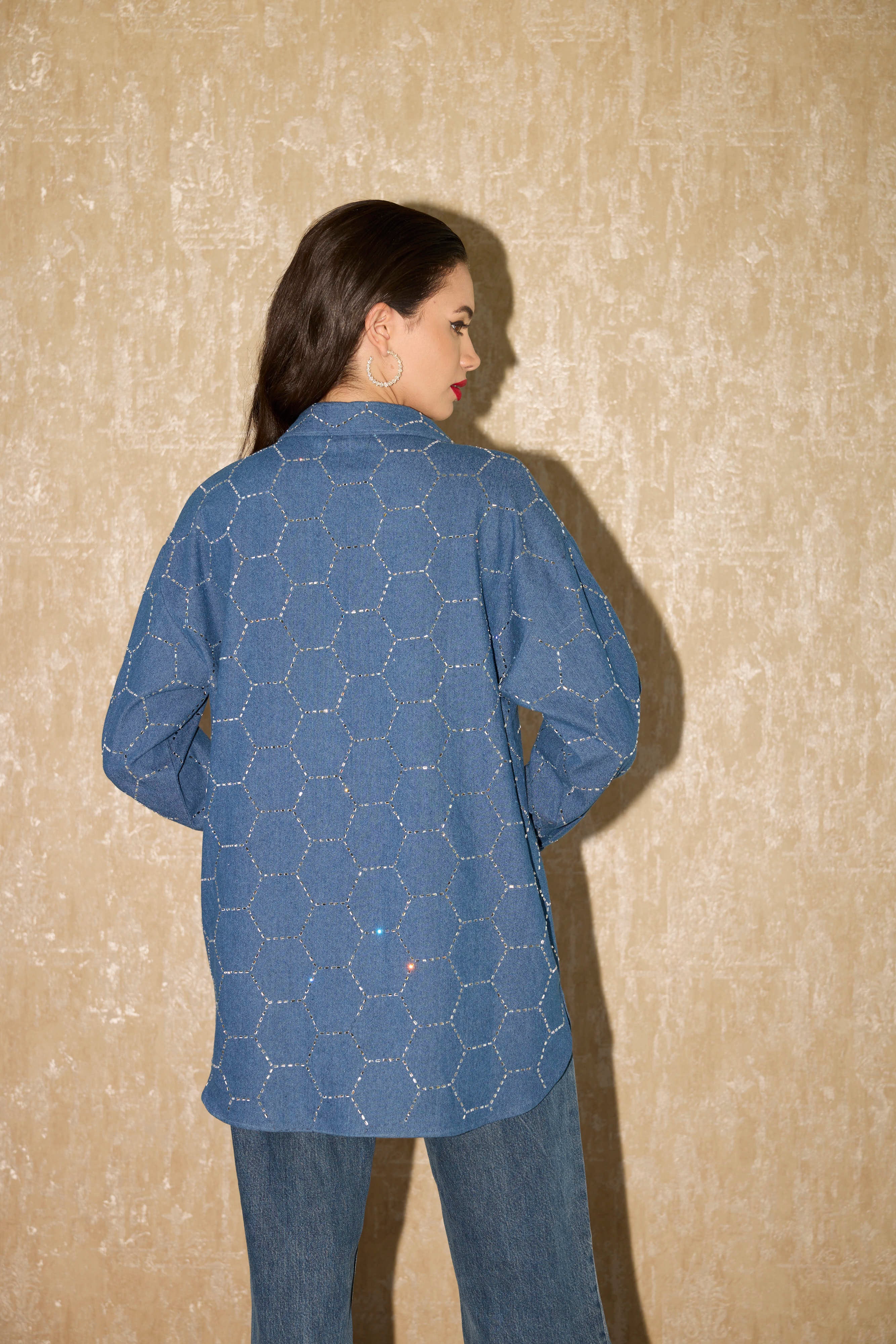 BLUE DENIM CRYSTAL FOOTBALL EMBROIDERY SHIRT