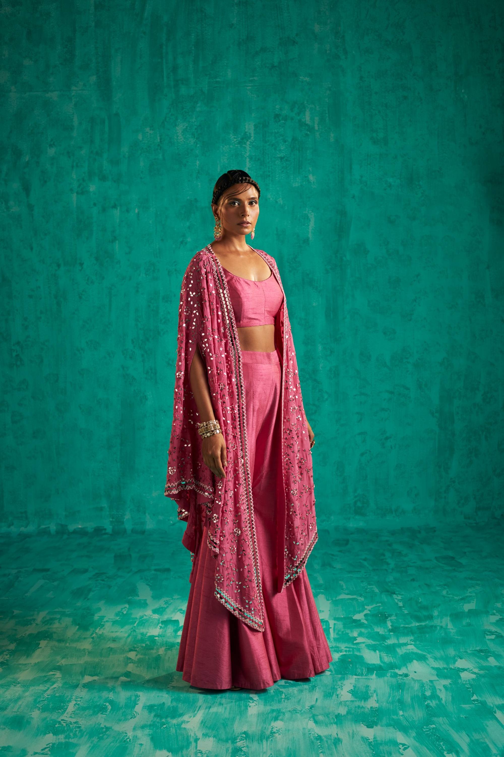ALL OVER PATRA AND PEARL EMBELLISHED V EDGED CAPE PAIRED WITH BODY ENHANCING SHARARA PANTS AND BUSTIER - S315