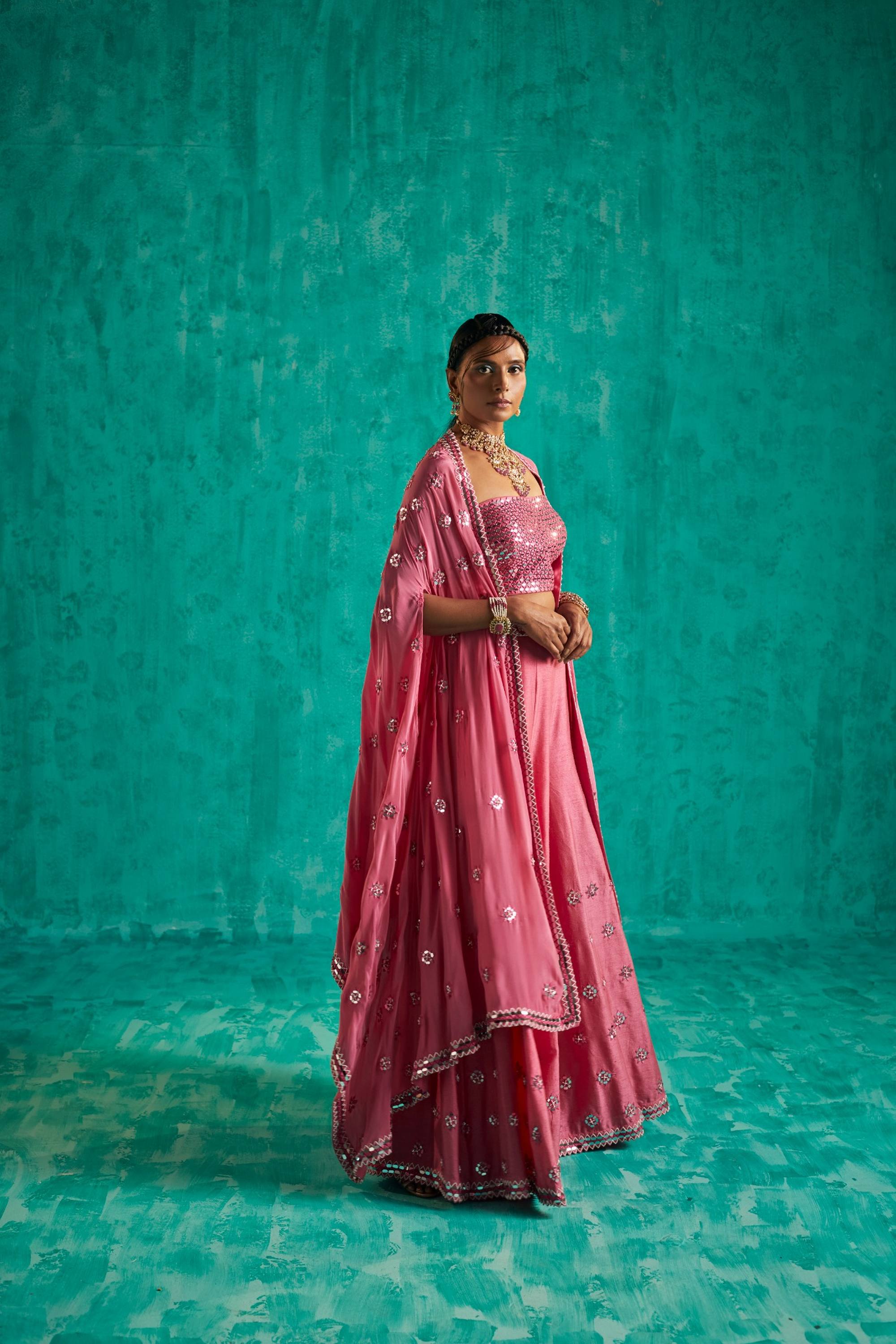 CAPE AND SHARARA SILHOUETTE IN A BEAUTIFUL PINK EMBELLISHED WITH PATRA AND PEARLS - S316