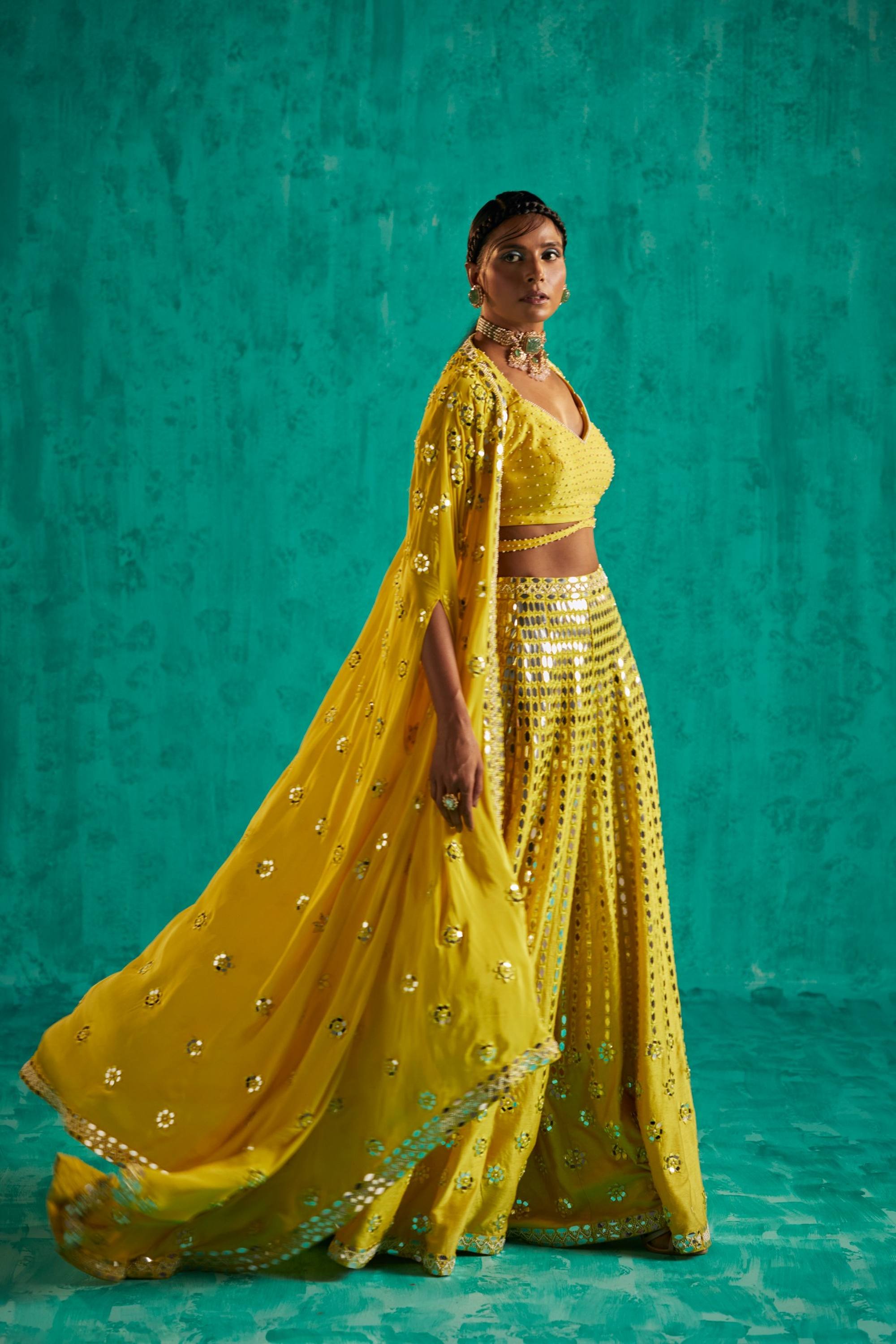 STRIKING YELLOW SHARARA WITH CAPE OUTFIT. INTRICATELY EMBELLISHED WITH PATRA AND PEARLS - S317