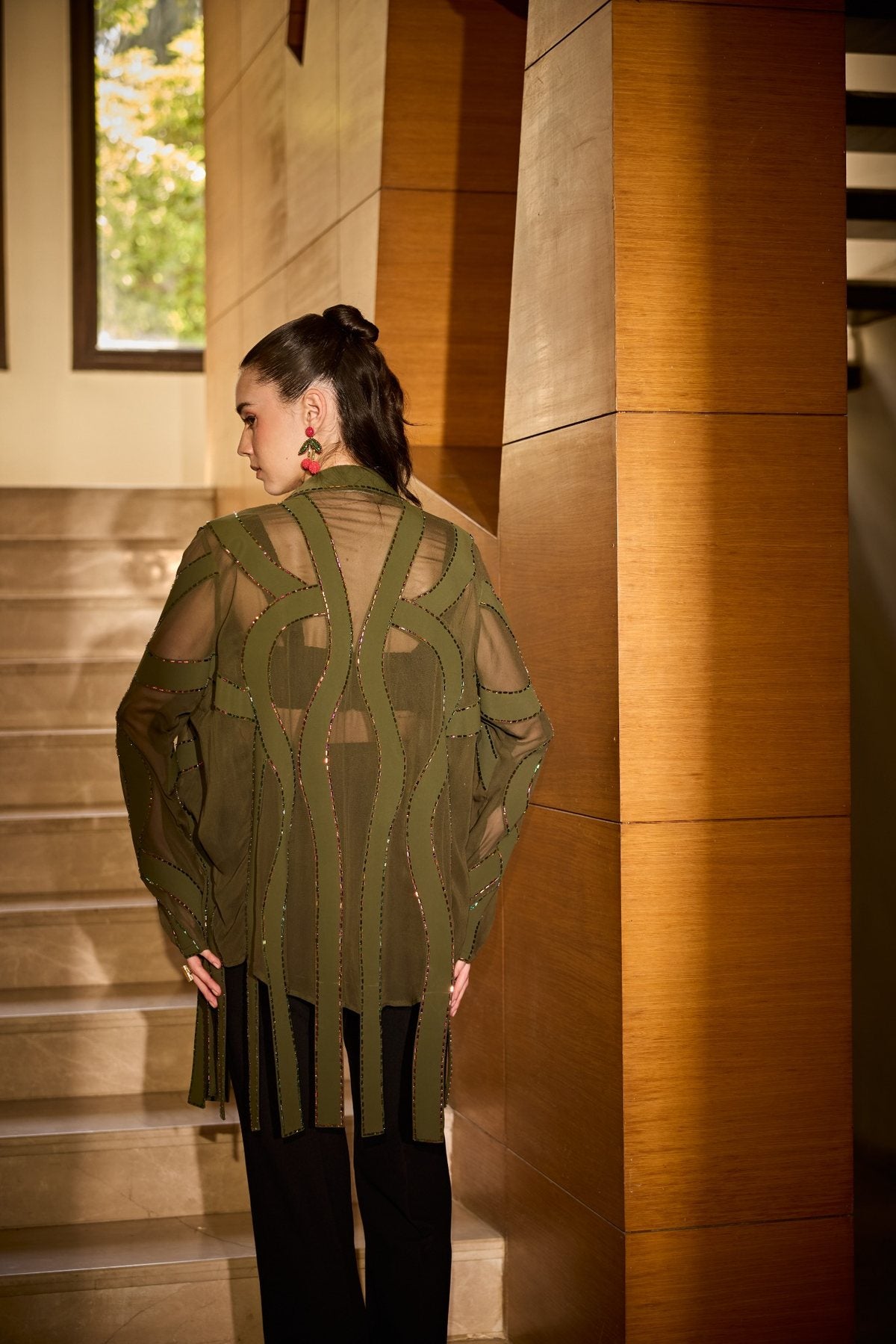OLIVE PANEL ADORNMENT SHIRT
