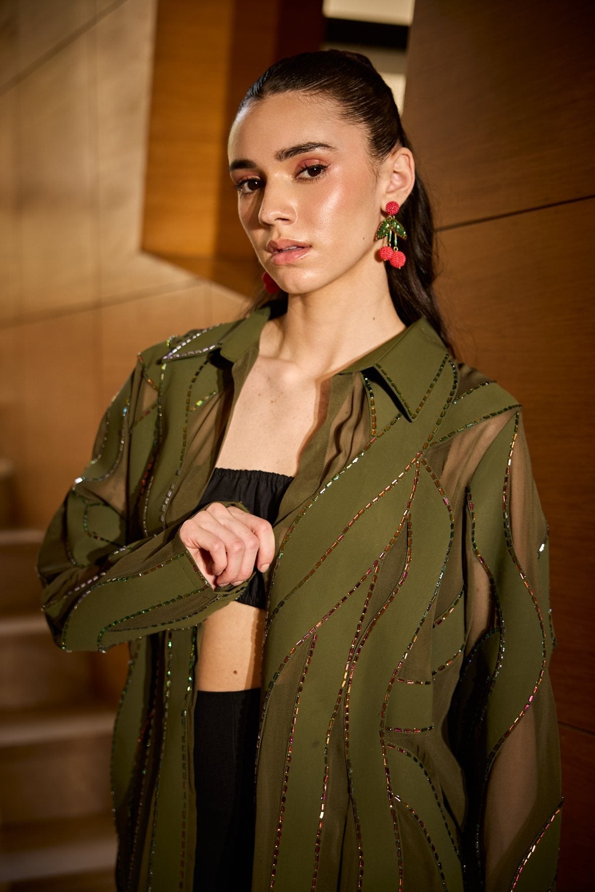 OLIVE PANEL ADORNMENT SHIRT