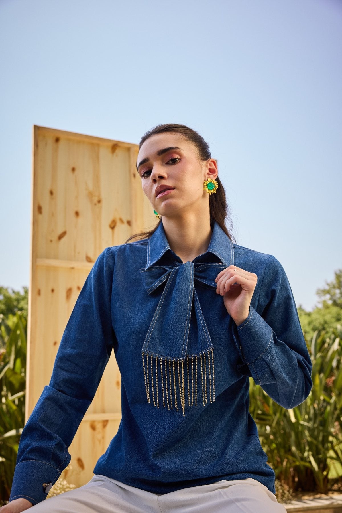 TASSEL TIE DAINTY DENIM TOP