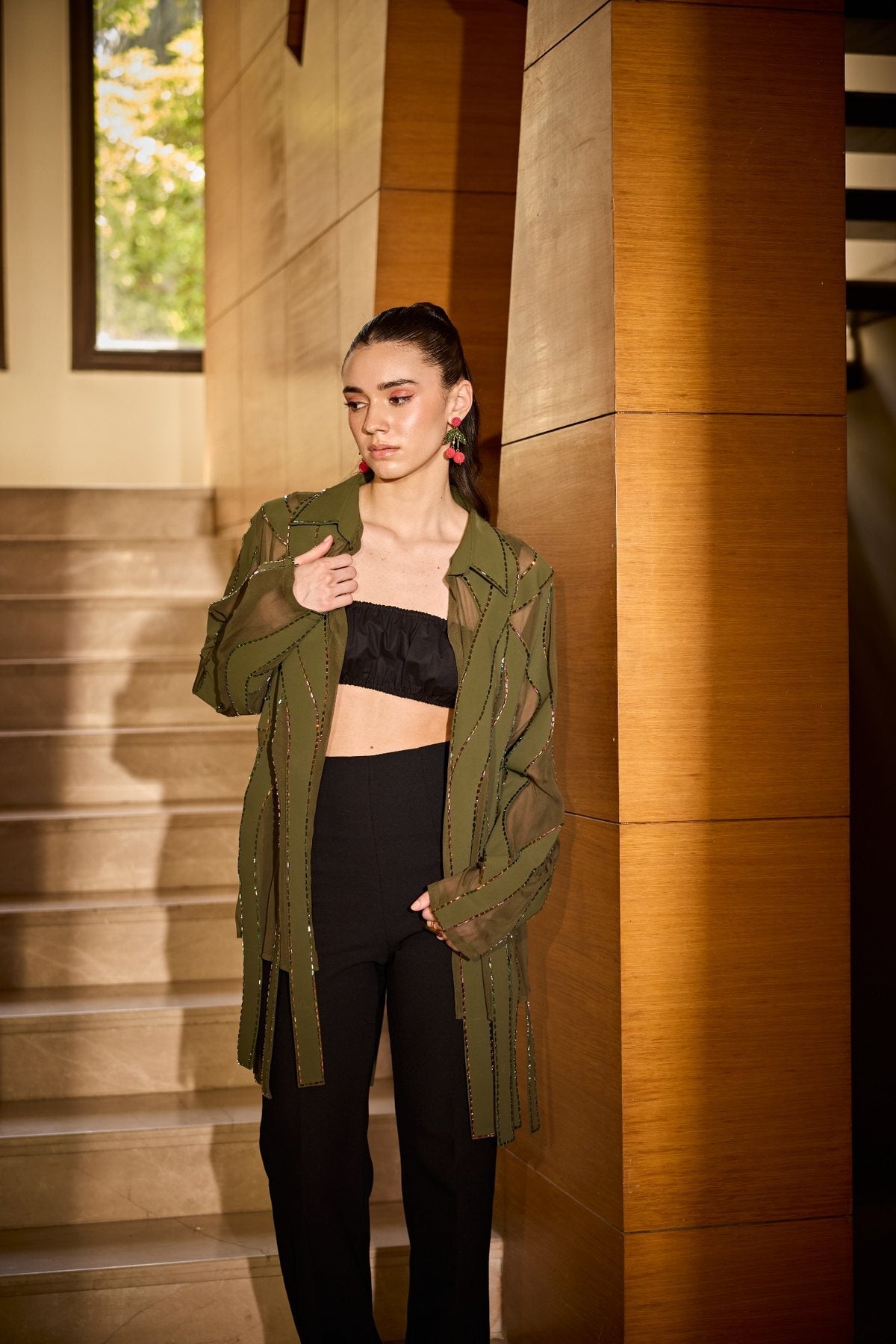 OLIVE PANEL ADORNMENT SHIRT