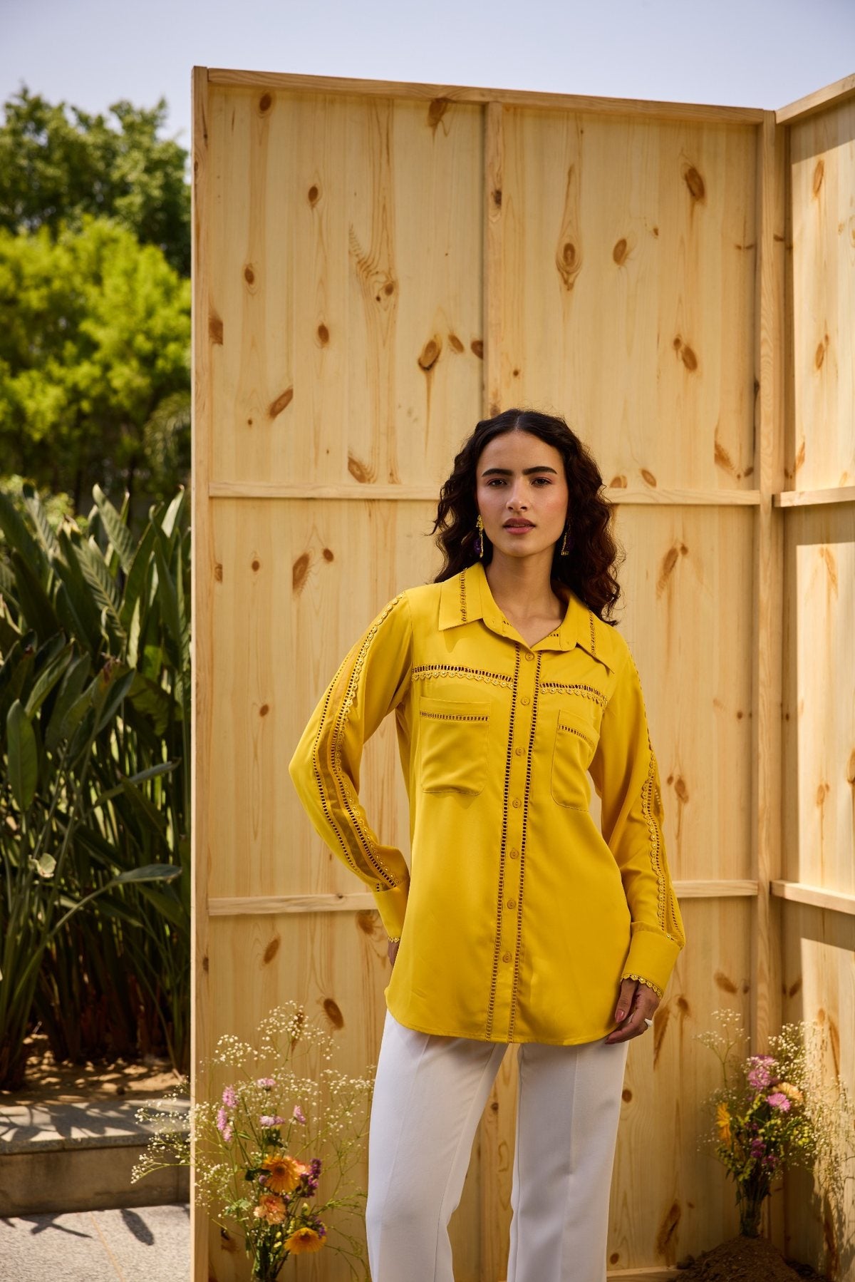 YELLOW HOOP LACE EMBELLSHMENT SHIRT