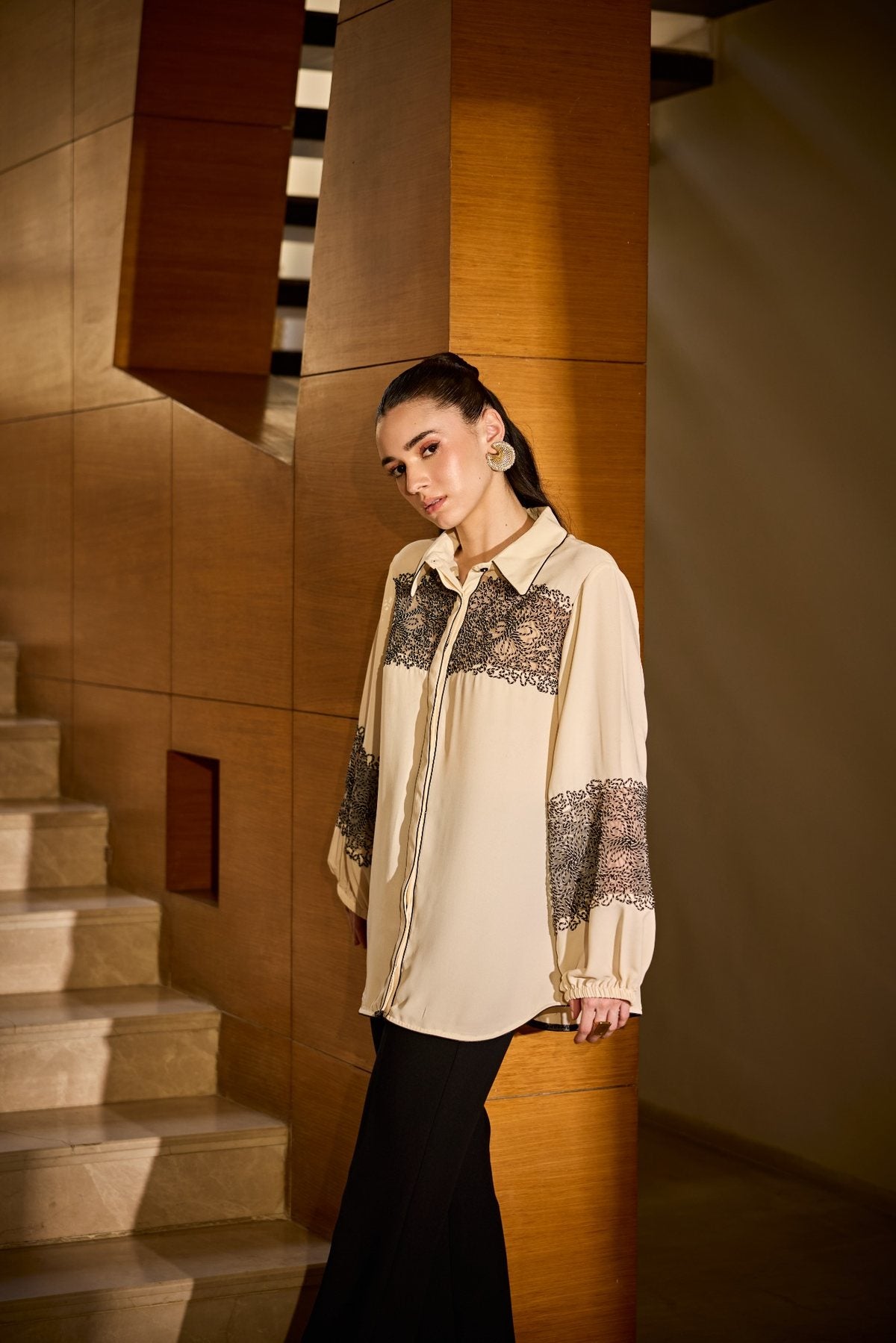 CREAM INTERLACED WORK SHIRT