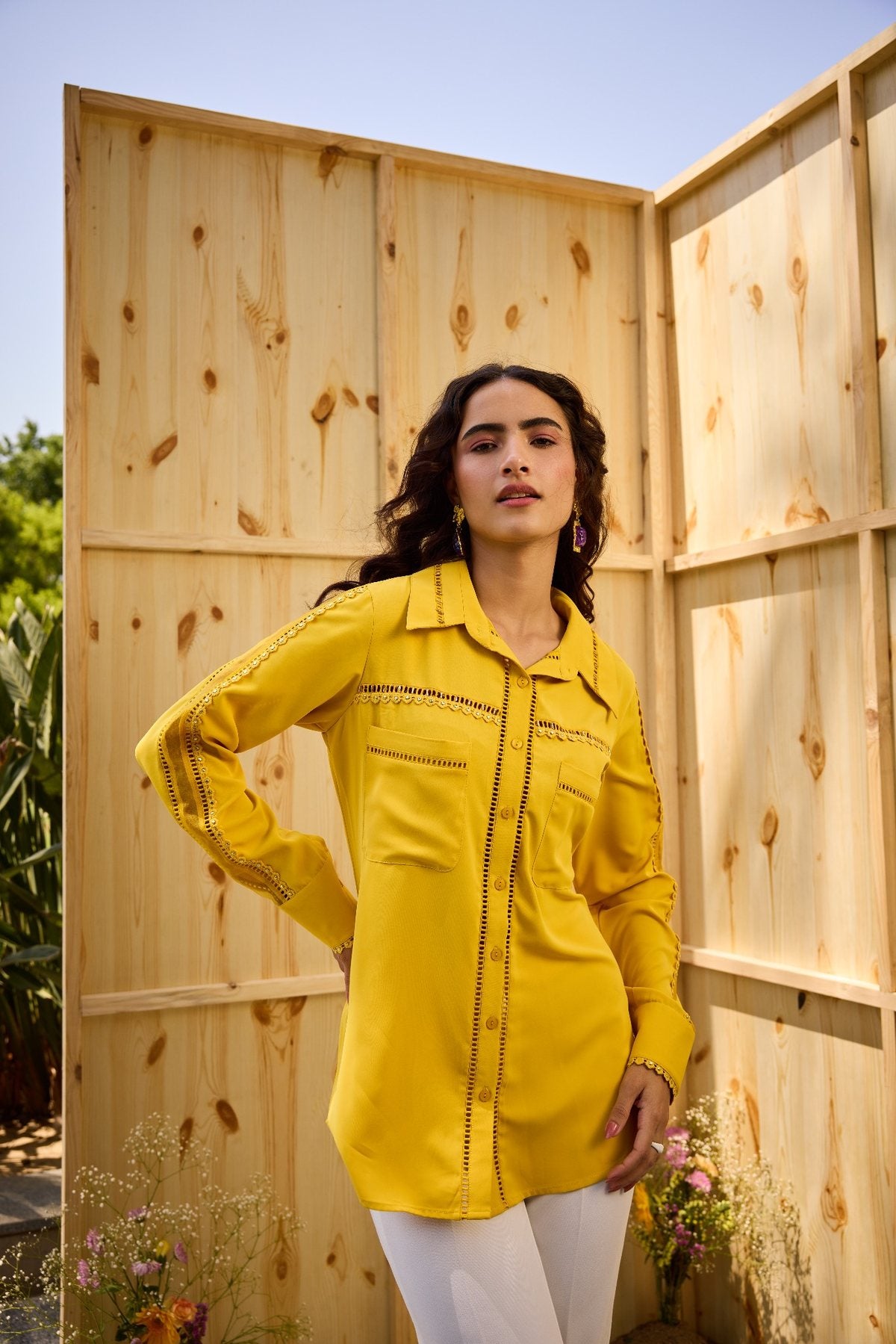 YELLOW HOOP LACE EMBELLSHMENT SHIRT